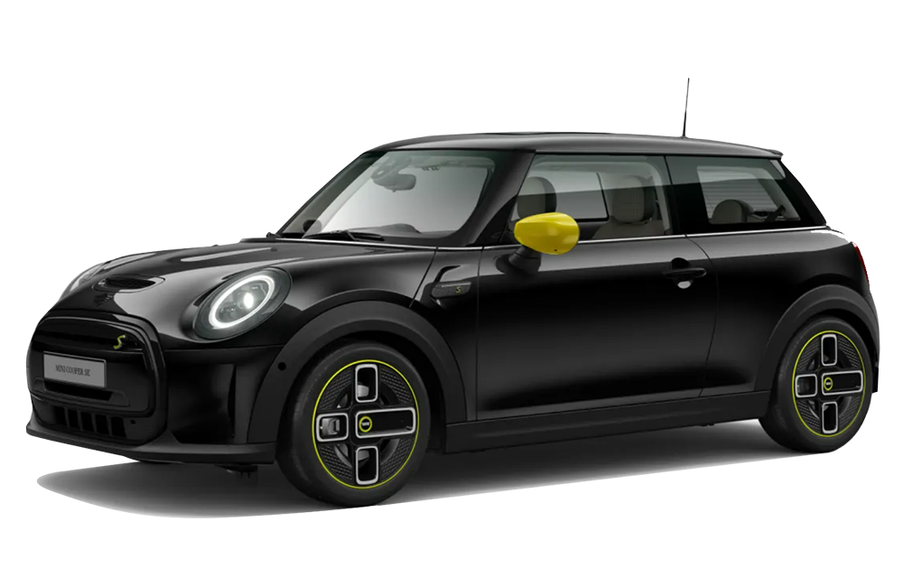 front three-quarter view of a Midnight black Mini Cooper SE