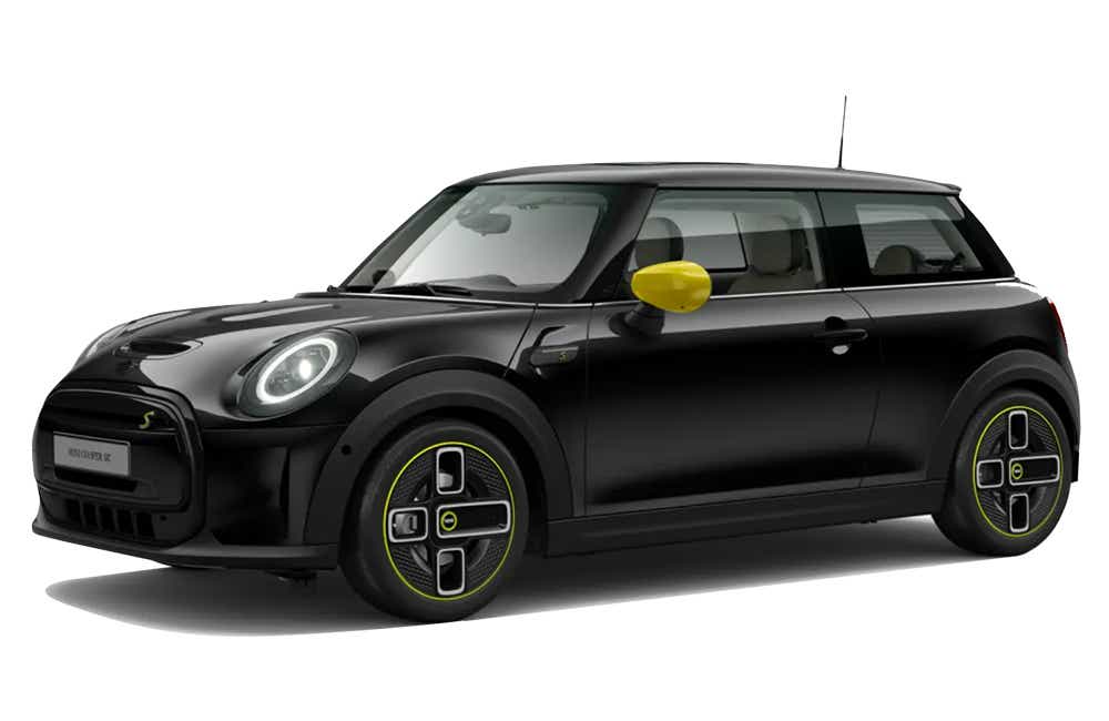 front three-quarter view of a Midnight black Mini Cooper SE