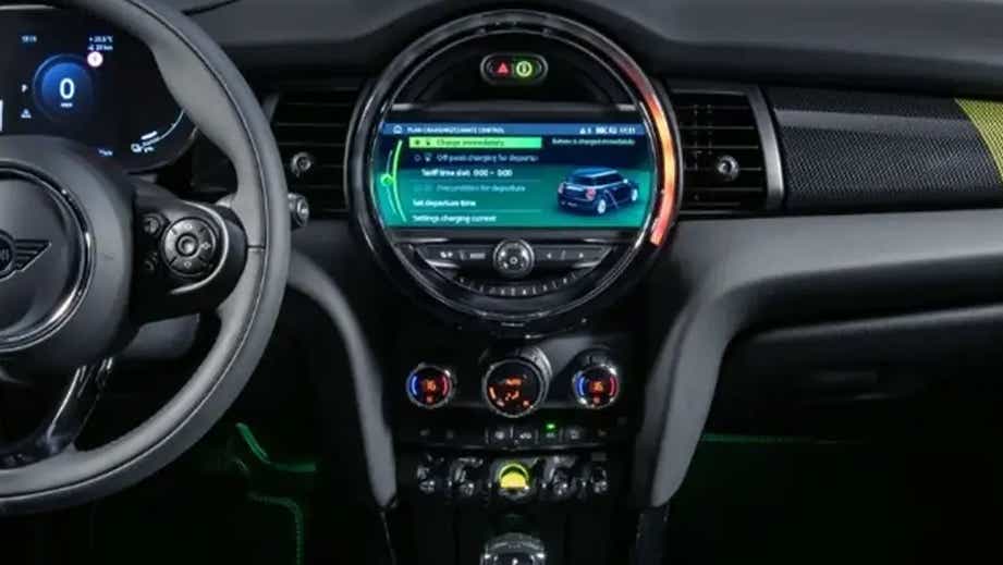 dashboard and steering wheel of a Mini Cooper SE