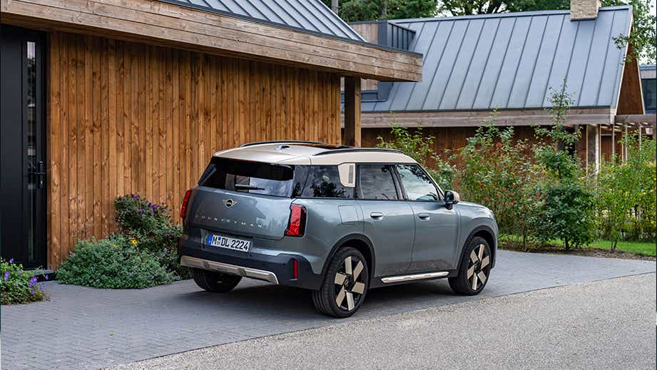 Rear three-quarter view of a Mini Cooper Countryman EV