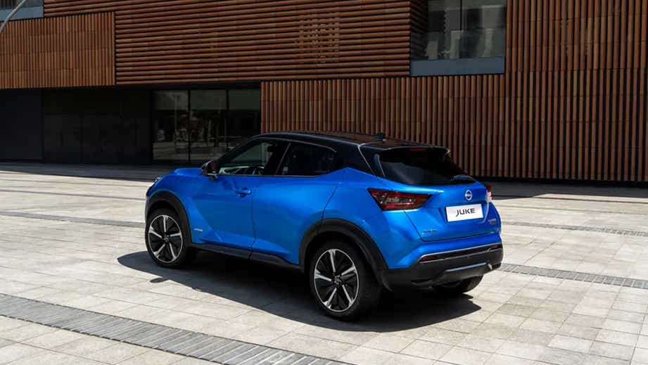 rear three-quarter view of a Daytona Blue Nissan Juke