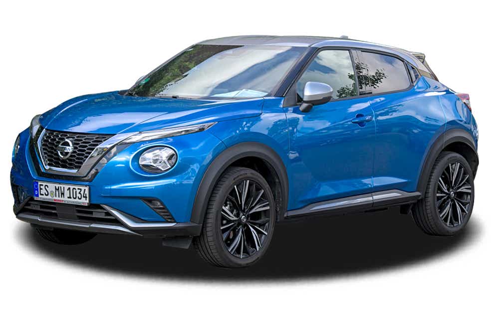 front three-quarter view of a Daytona Blue Nissan Juke