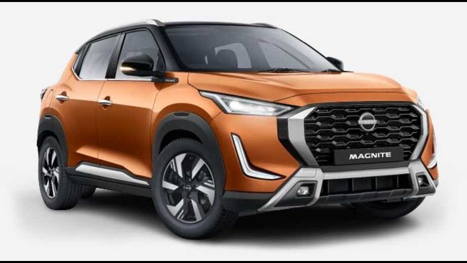 front three-quarter view of a Sunrise Copper Orange Nissan Magnite