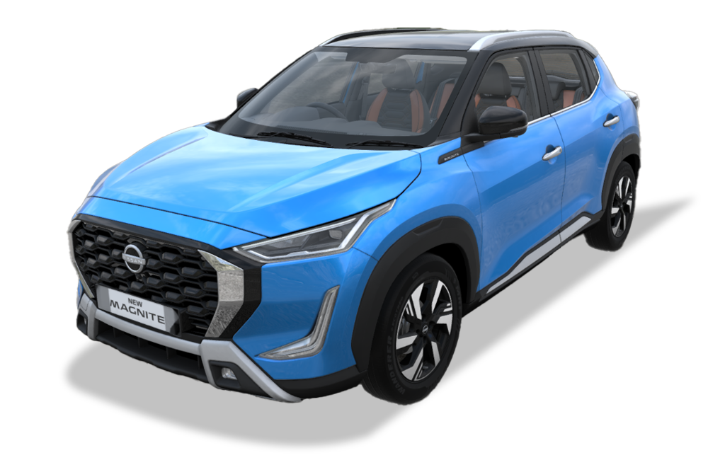 front three-quarter view of a Vivid Blue Nissan Magnite