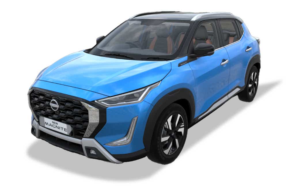 front three-quarter view of a Vivid Blue Nissan Magnite