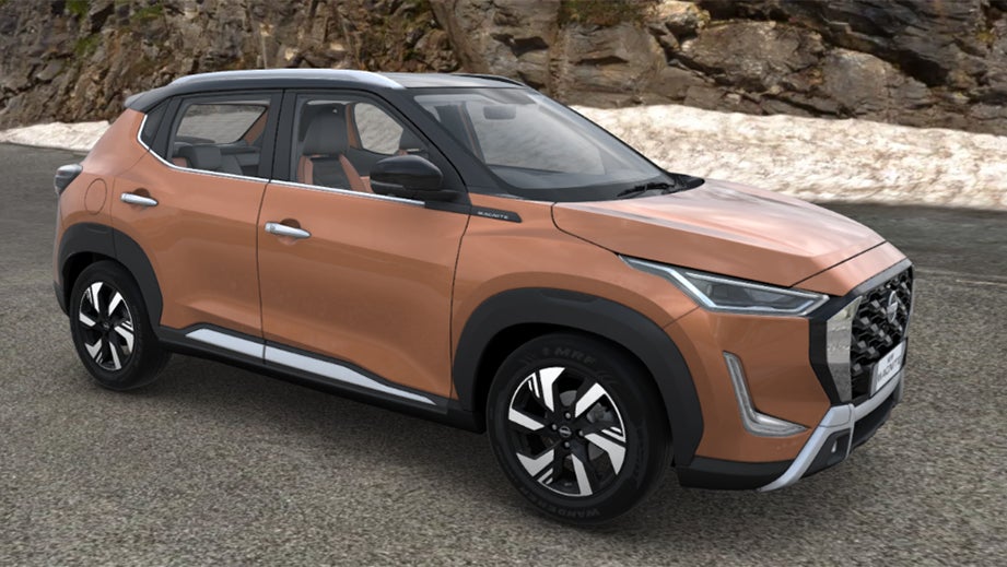 front three-quarter view of a Sunrise Copper Orange Nissan Magnite