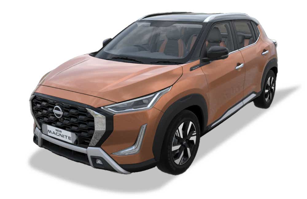 front three-quarter view of a Sunrise Copper Orange Nissan Magnite