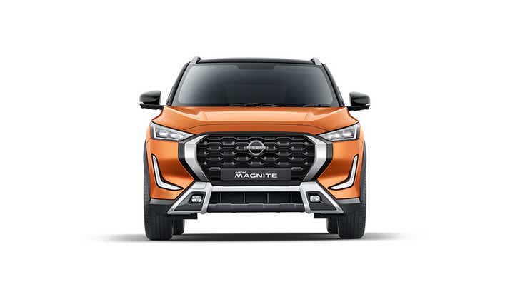 Front view of a Sunrise Copper Orange Nissan Magnite