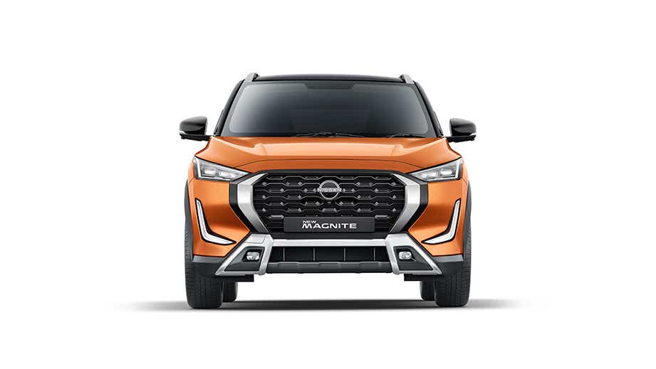 Front view of a Sunrise Copper Orange Nissan Magnite