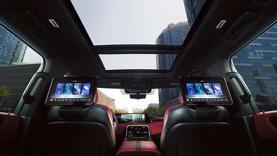 rear seat entertainment and panoramic sunroof of a Nissan Patrol