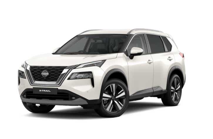 front three-quarter of a Pearl White Nissan X-Trail