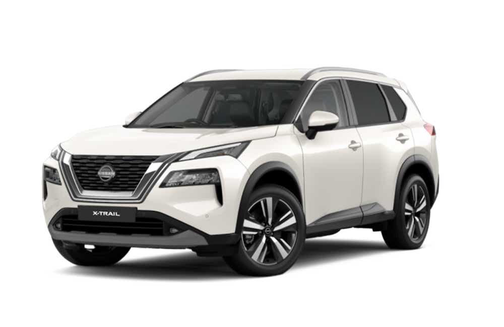 front three-quarter of a Pearl White Nissan X-Trail