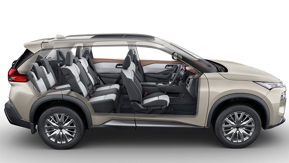 Side interior cutaway view of a Nissan X-Trail showing seating layout