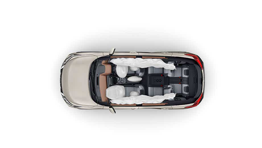 top view interior with deployed airbags of a Nissan X-Trail