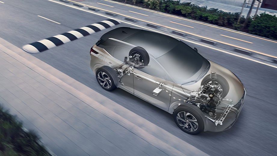 semi-transparent side view highlighting suspension of a Nissan X-Trail
