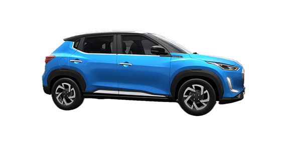 side view of a Vivid Blue And Onyx Black Nissan Magnite 2020-2023