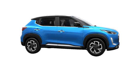 side view of a Vivid Blue And Onyx Black Nissan Magnite 2020-2023
