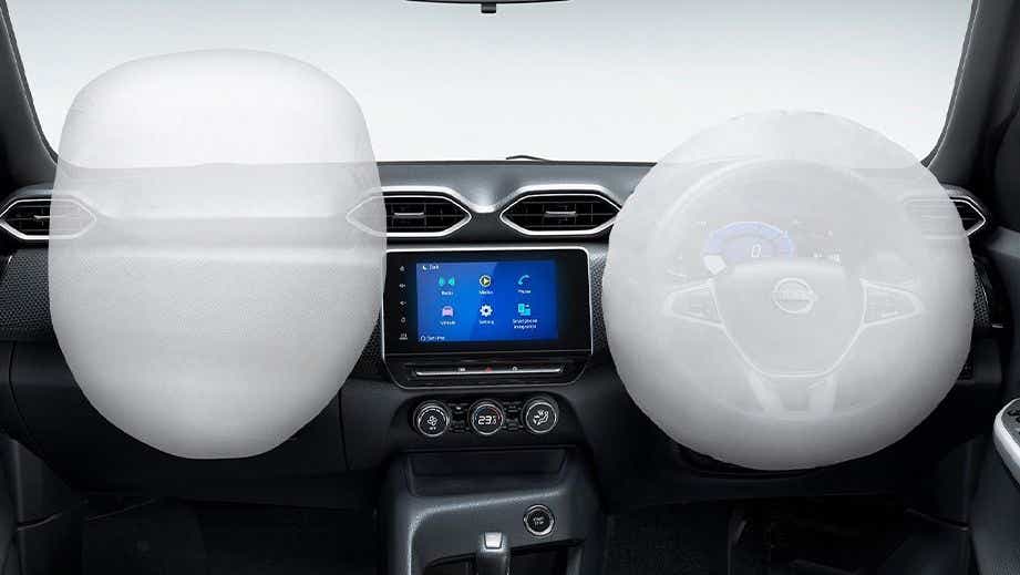 Front dashboard and steering wheel of a Nissan Magnite 2020-2023 with airbags deployed