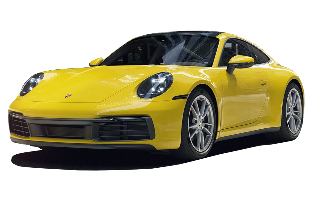 front three-quarter view of a Racing Yellow Porsche 911