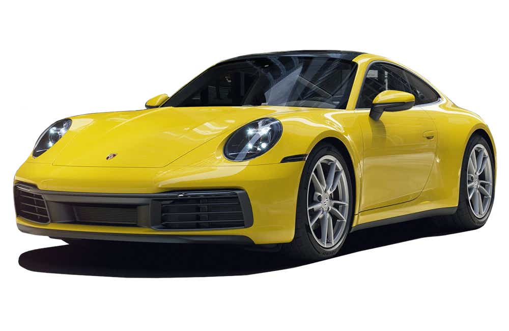 front three-quarter view of a Racing Yellow Porsche 911