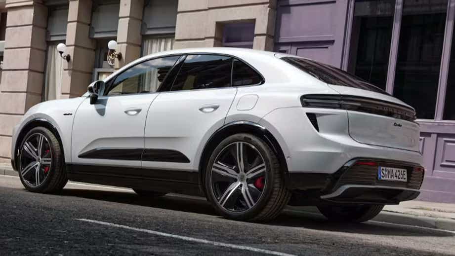 rear three-quarter of a White Porsche Macan EV