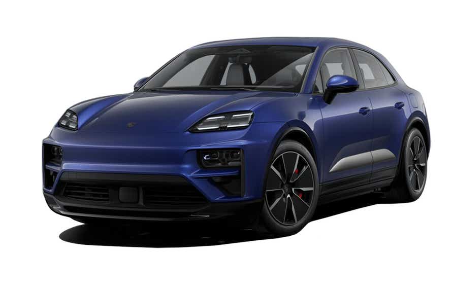 front three-quarter view of a Gentian Blue Metallic Porsche Macan EV