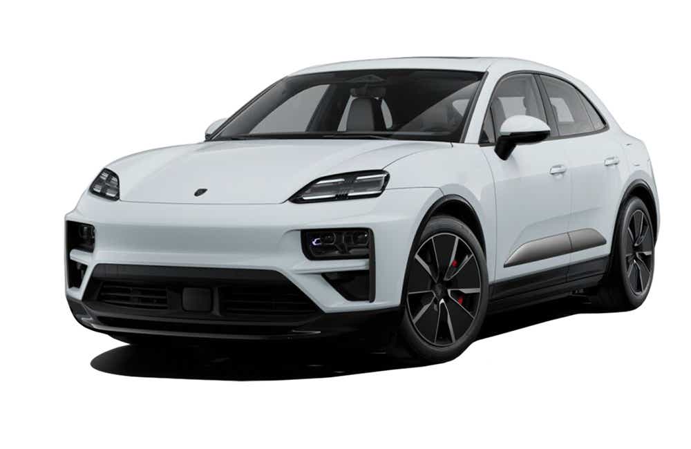 front three-quarter view of a White Porsche Macan EV