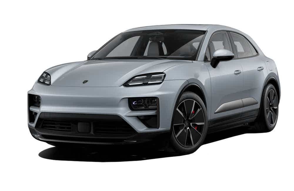 front three-quarter view of a Ice Grey Metallic Porsche Macan EV