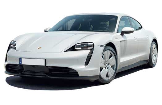 front three-quarter view of a Carrara White Porsche Taycan