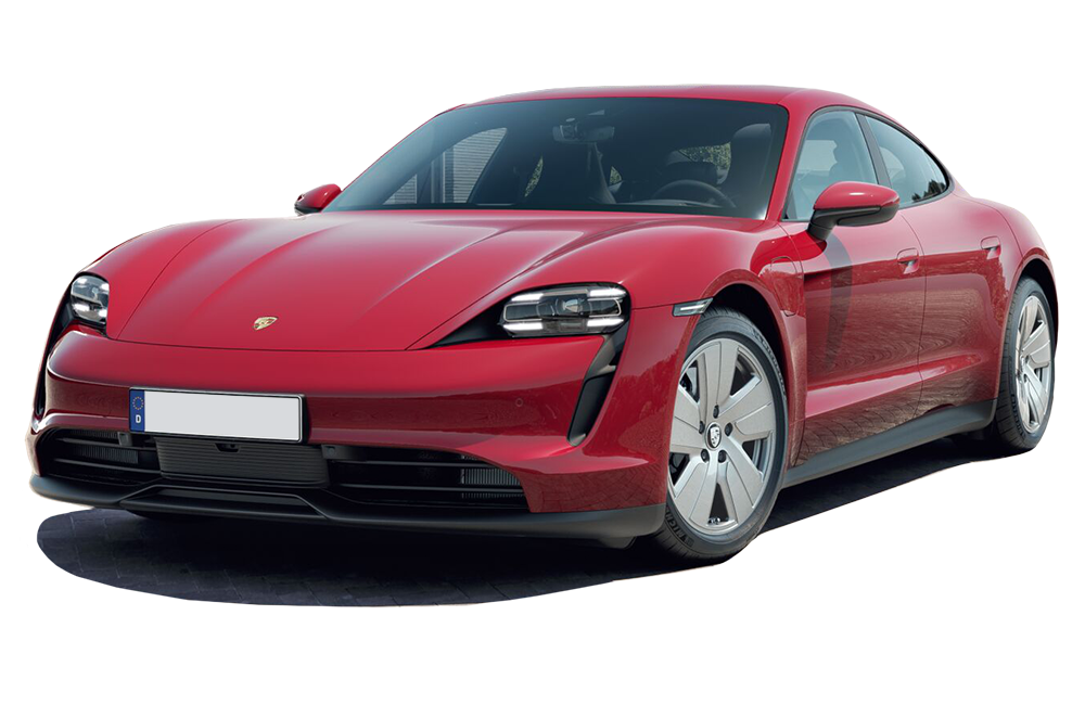 front three-quarter view of a Carmine Red Porsche Taycan