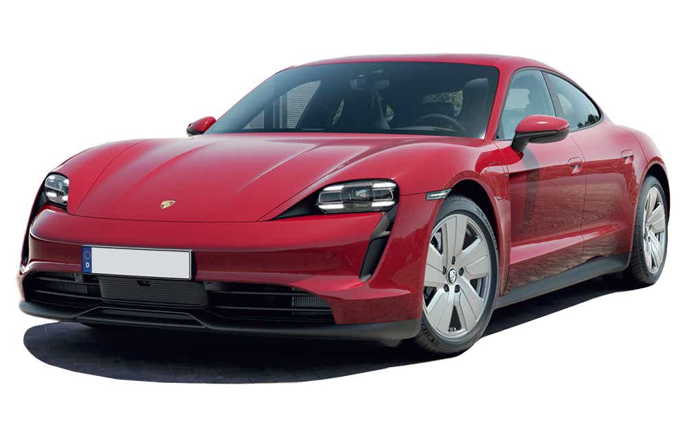 front three-quarter view of a Carmine Red Porsche Taycan