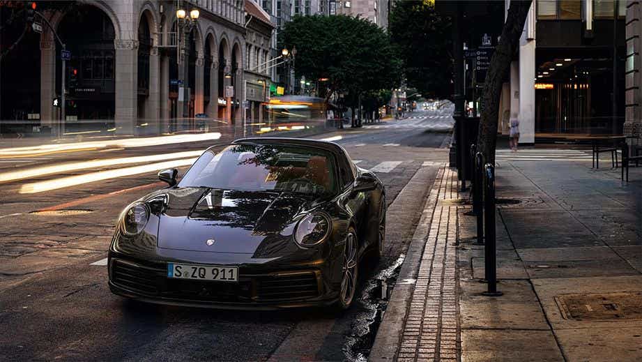 front view of a Porsche 911 parked on a city street