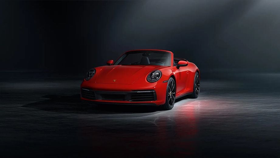 front view of a Guards Red Porsche 911 convertible
