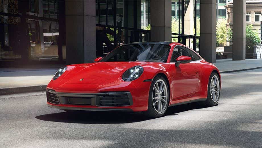 front three-quarter view of a Guards Red Porsche 911