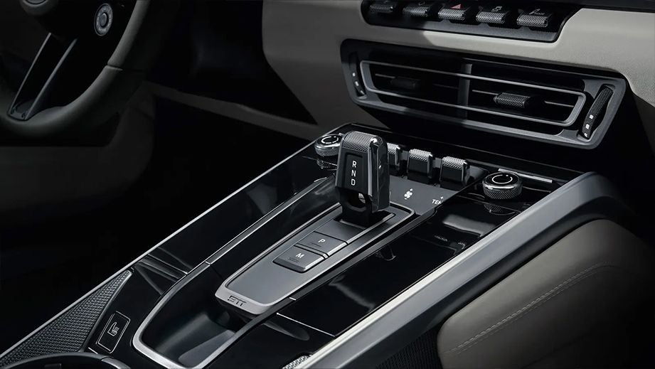 gear selector and center console of a Porsche 911