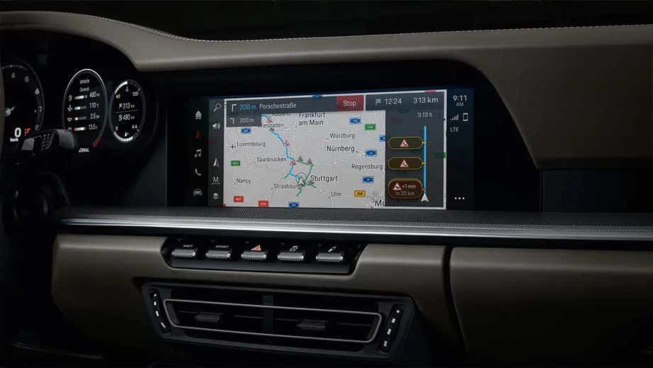 interior dashboard with navigation display of a Porsche 911
