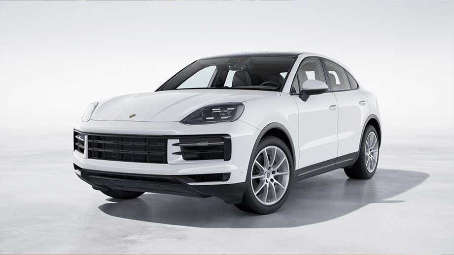 front three-quarter view of a White Porsche Cayenne Coupe