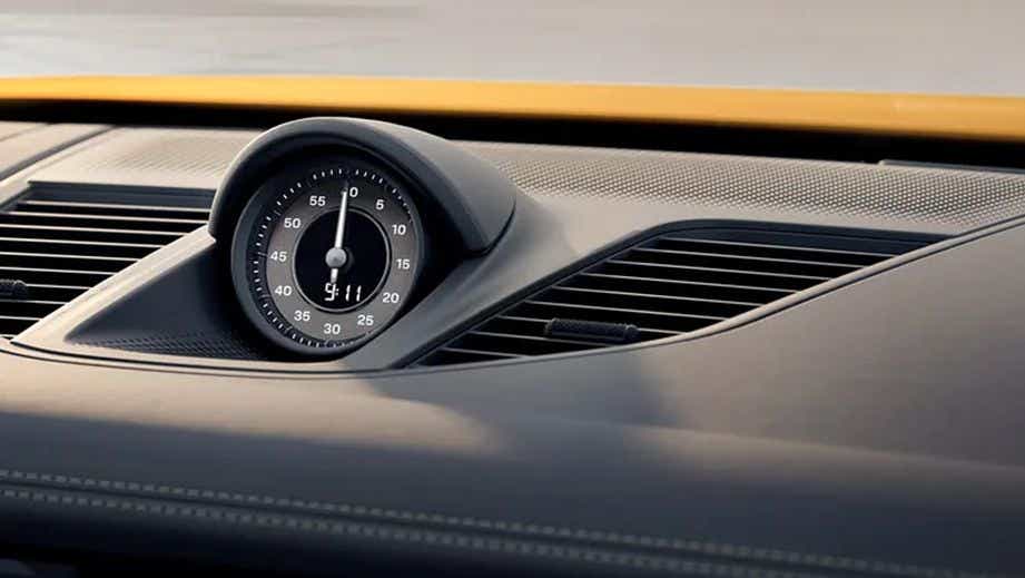 Dashboard clock close-up of a Porsche Panamera