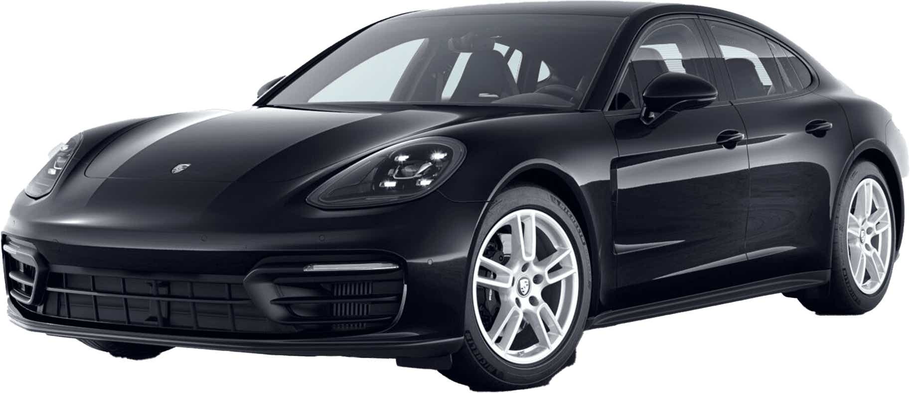 front three-quarter view of a Jet Black Metallic Porsche Panamera 2021-2023