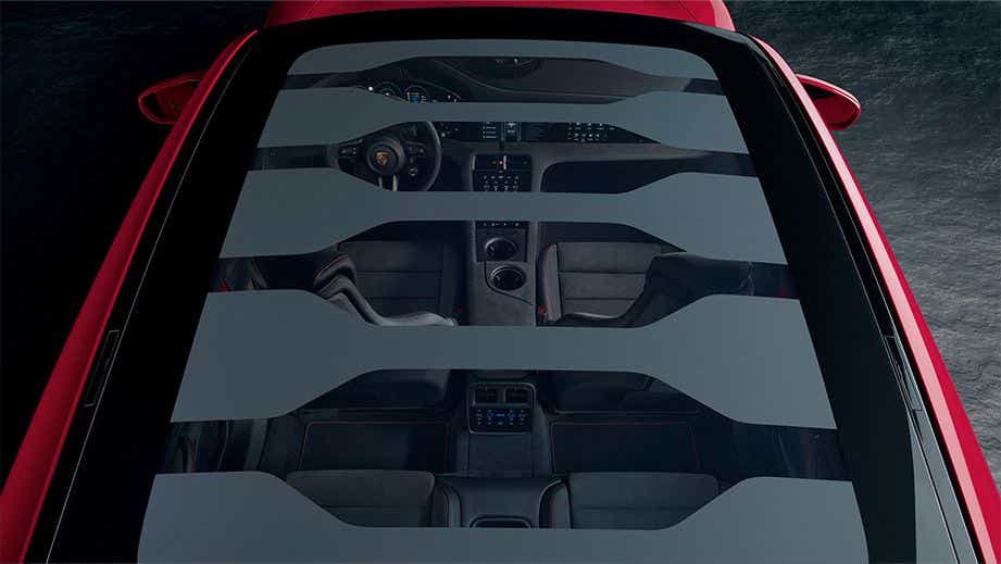 Panoramic roof view of a Porsche Taycan