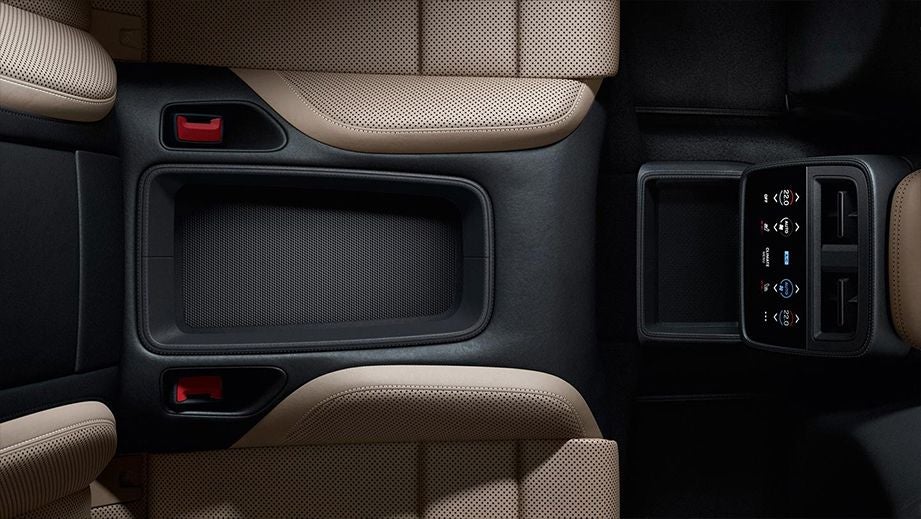 Overhead view of interior center console of a Porsche Taycan