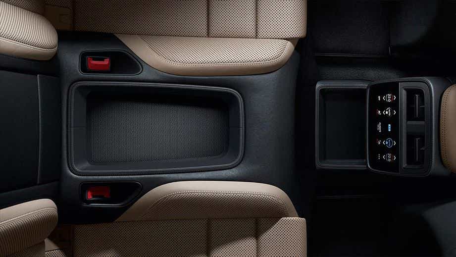 Overhead view of interior center console of a Porsche Taycan