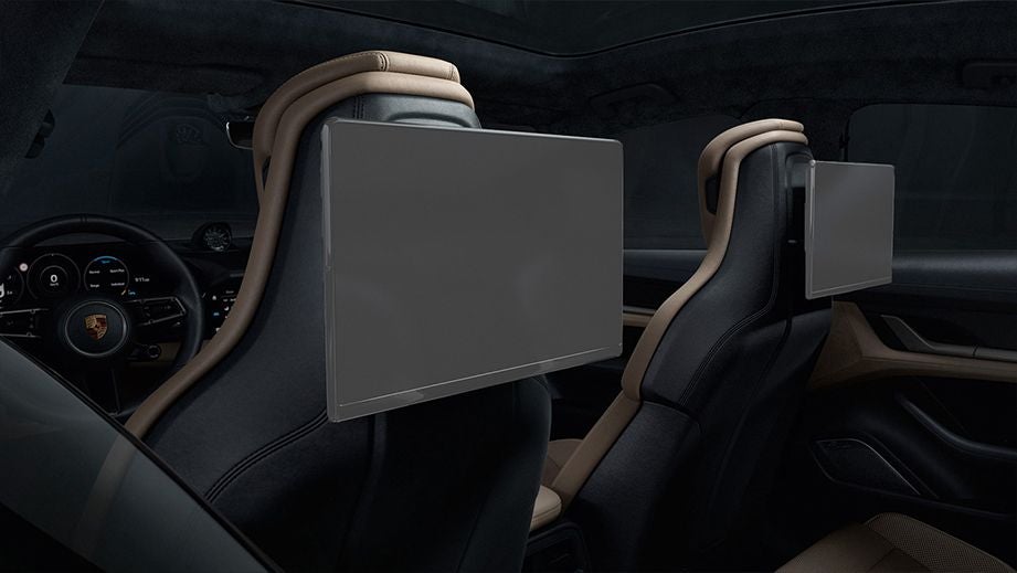 Rear seat entertainment screens in a Porsche Taycan interior