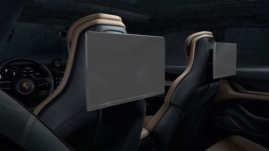 Rear seat entertainment screens in a Porsche Taycan interior