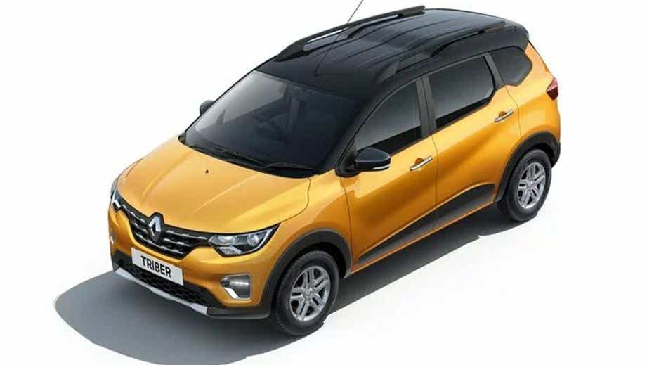 front three-quarter view of a Metal Mustard Renault Triber 2019-2024