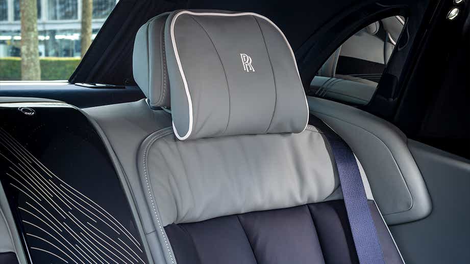 Rear seat headrest close-up of a Rolls-Royce Phantom