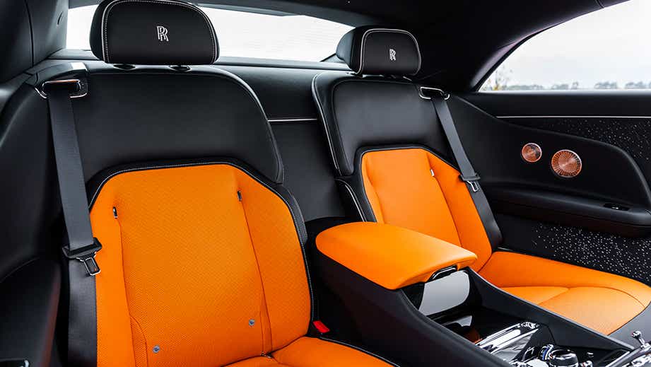 Rear seat interior view of a Rolls-Royce Spectre