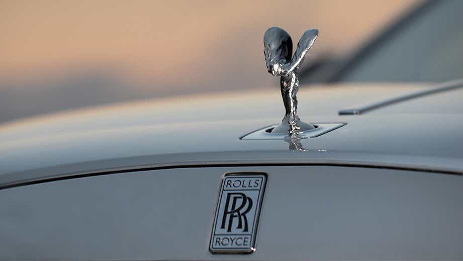 hood ornament close-up of a Midnight Sapphire Rolls-Royce Wraith