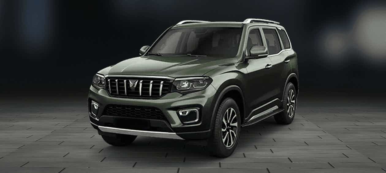 Front three-quarter view of a Deep Forest Mahindra Scorpio-N