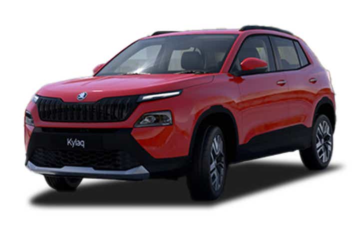 front three-quarter of a Tornado Red Skoda Kylaq